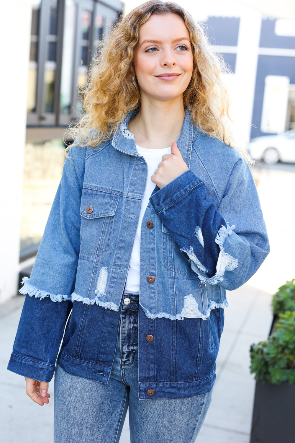 Color block jean jacket best sale