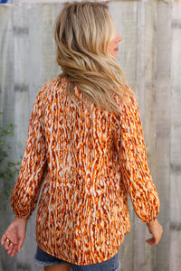 Perfectly You Rust Satin Button-Down V Neck Elastic Sleeve Blouse
