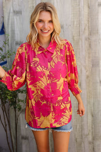 Elegant In Fuchsia Satin Button-Down Smock Long Sleeve Blouse