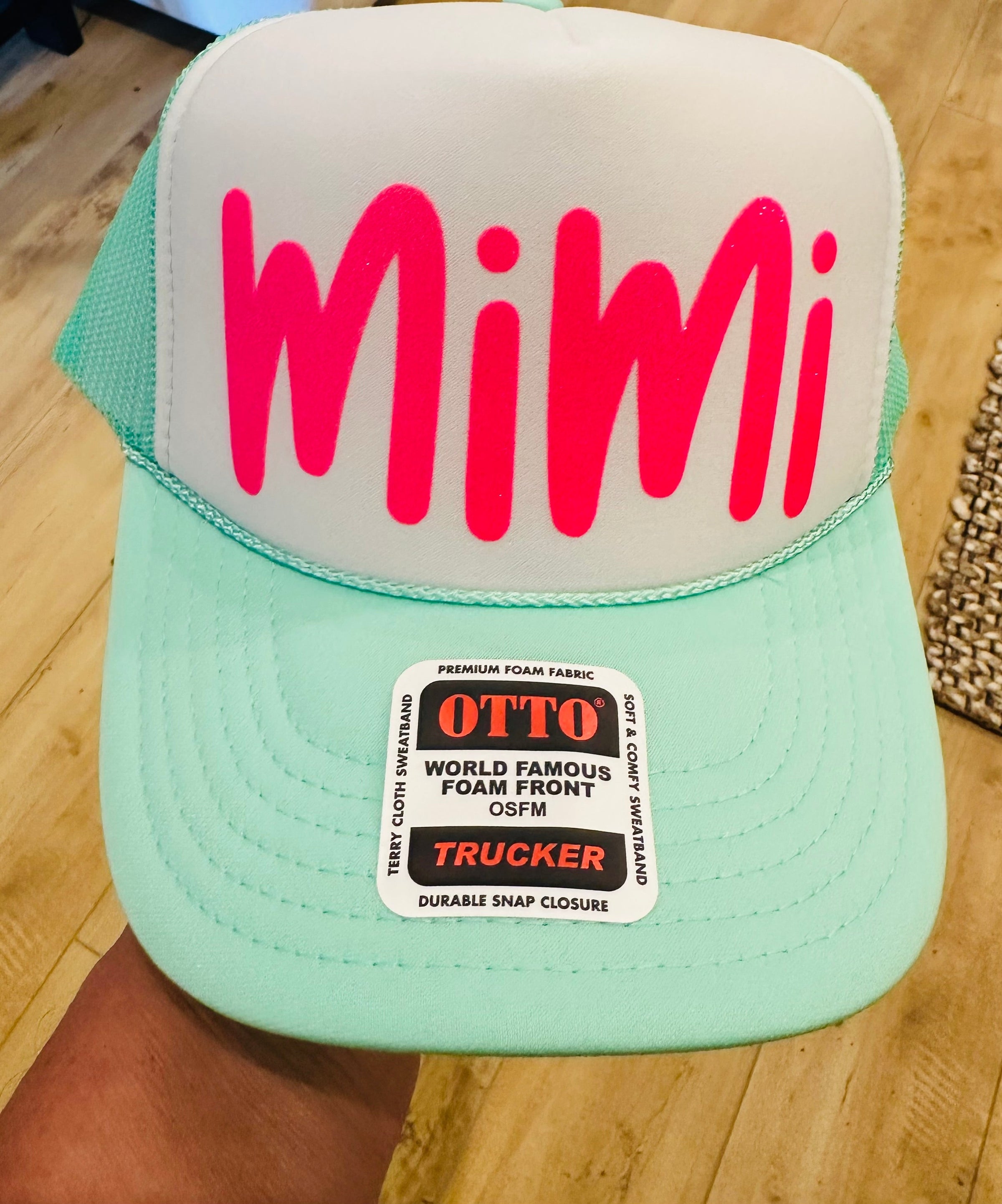 3D Glitter Puff Pink Vinyl MIMI on Neon Pink Foam Trucker Hat