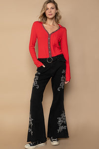 POL Raw Hem Embroidered Flare Pants