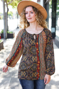 Weekend Ready Black & Rust Paisley Raglan Keyhole Tie Top