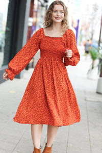 Keep You Close Rust Smocking Ditsy Floral Woven Dress