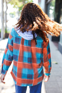 Stand Out Teal & Orange Plaid Fleece Hoodie Shacket