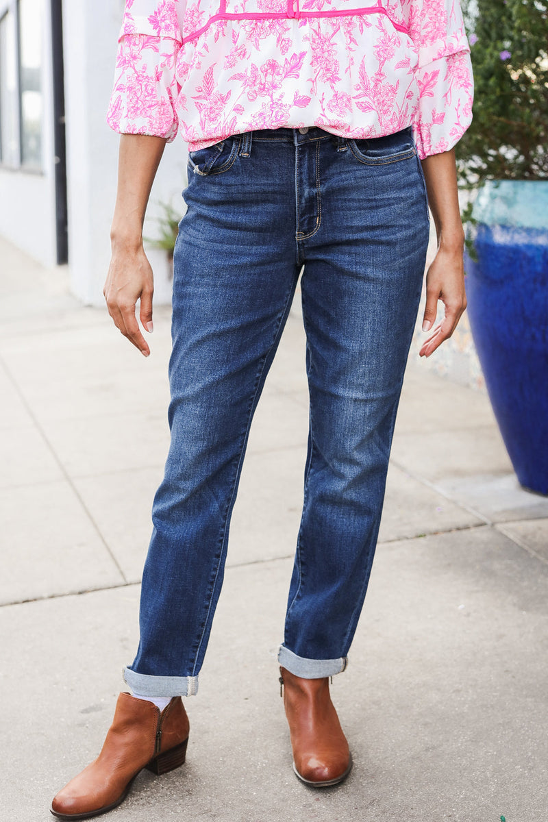 Judy Blue Mid Rise Cuffed Boyfriend Straight Leg Jeans