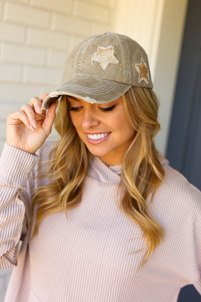 Olive Green Glitter Star Distressed Baseball Cap