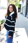 Fall For You Black Stripe Notched Neck Collared Oversized Sweater