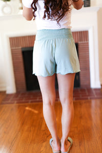 Seafoam Smocked Waist Scalloped Shorts