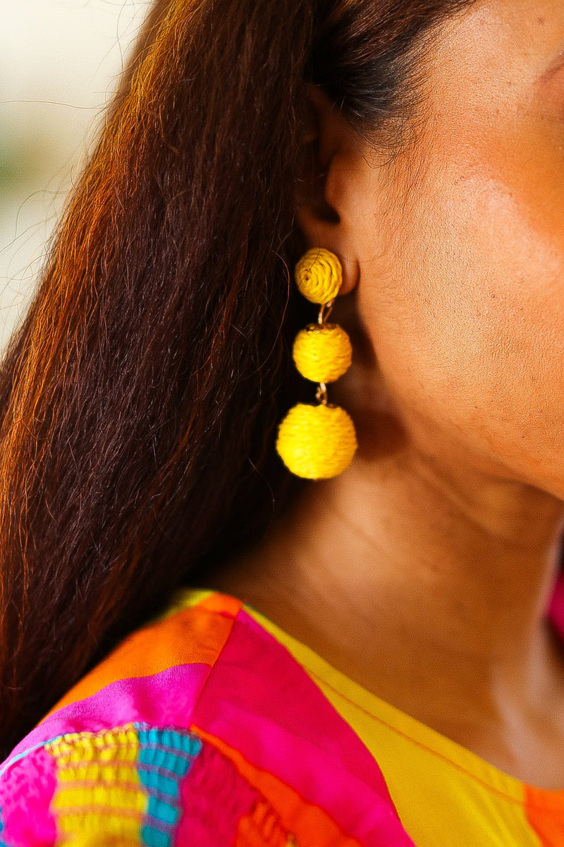 Yellow Raffia Lantern Pom Dangle Earrings