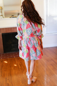 Look Of Love Lime & Coral Patchwork Print V Neck Dress