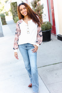 Casual Living Cream Aztec Print French Terry Henley Top