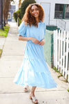 Follow Me Aqua Frill Notch Neck Shirred Waist Tiered Maxi Dress