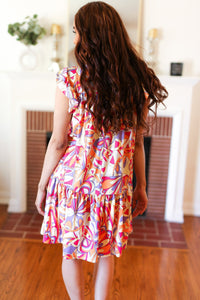 Multicolor Geometric Midi Flutter Sleeve Dress