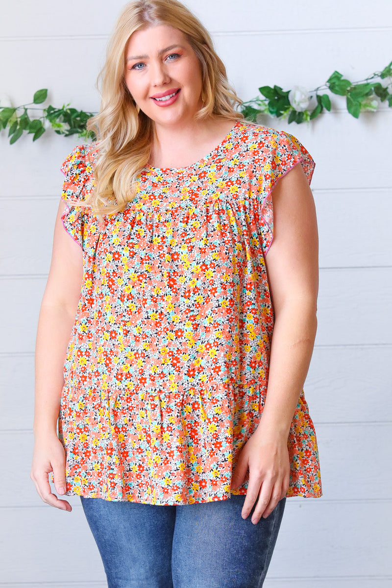 Sunset Floral Print Ruffle Tiered Keyhole Top