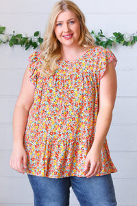 Sunset Floral Print Ruffle Tiered Keyhole Top