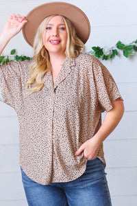 Cheetah Animal Print Collared V Neck Woven Dolman Top