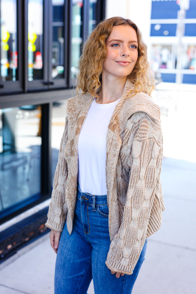 Autumn Vibes Taupe Textured Cable Knit Collared Cardigan