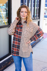 Make A Statement Rust & Taupe Plaid Color Block Shacket