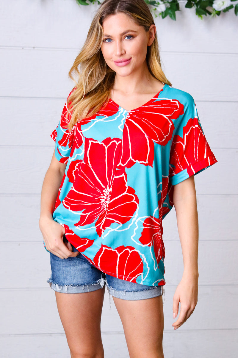 Teal & Cherry Red Floral Print V Neck Top