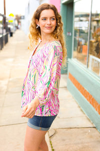 Life's A Party Fuchsia & Yellow Abstract Print V Neck Top