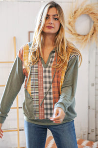 Moss Multi-Plaid French Terry Pocketed Hoodie