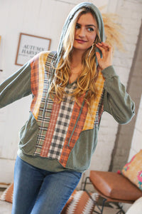 Moss Multi-Plaid French Terry Pocketed Hoodie