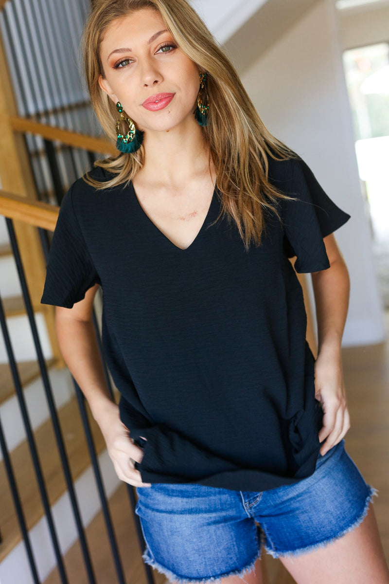 Keep Your Cool Black Flutter Sleeve V Neck Top