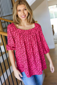 Perfectly You Fuchsia Floral Three Quarter Sleeve Square Neck Top