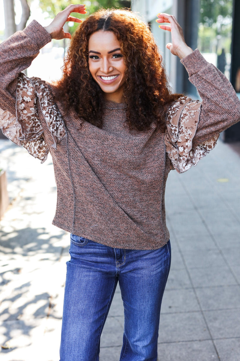 Fall Diva Brown Two Tone Knit Floral Print Frill Detail Sweater