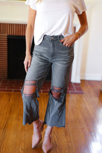 Cut Loose Ash Black High Rise Washed Distressed Cropped Pants