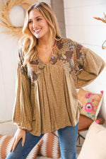 Taupe V Neck Crinkle Paisley and Dot Woven Babydoll Top