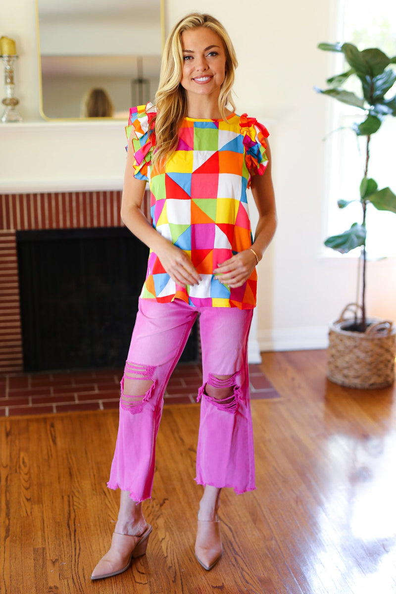 You Got This Red Geometric Print Double Ruffle Sleeve Top