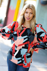 Black & Red Abstract Print Frill NeckTop
