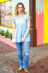 Blue Pointelle Babydoll Ruffle Flutter Sleeve Top