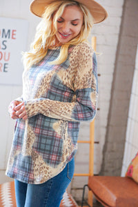 Oatmeal & Teal Rib Leopard and Plaid Patchwork Pullover