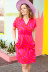 Red & Fuchsia Zebra Surplice V Neck Pocketed Dress