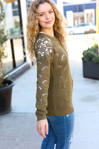 Casual Chic Olive Pointelle Lace Shoulder Knit Sweater