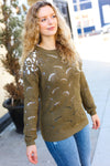 Casual Chic Olive Pointelle Lace Shoulder Knit Sweater