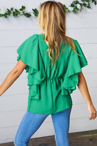 Sea Green Button Ruffle Woven Top