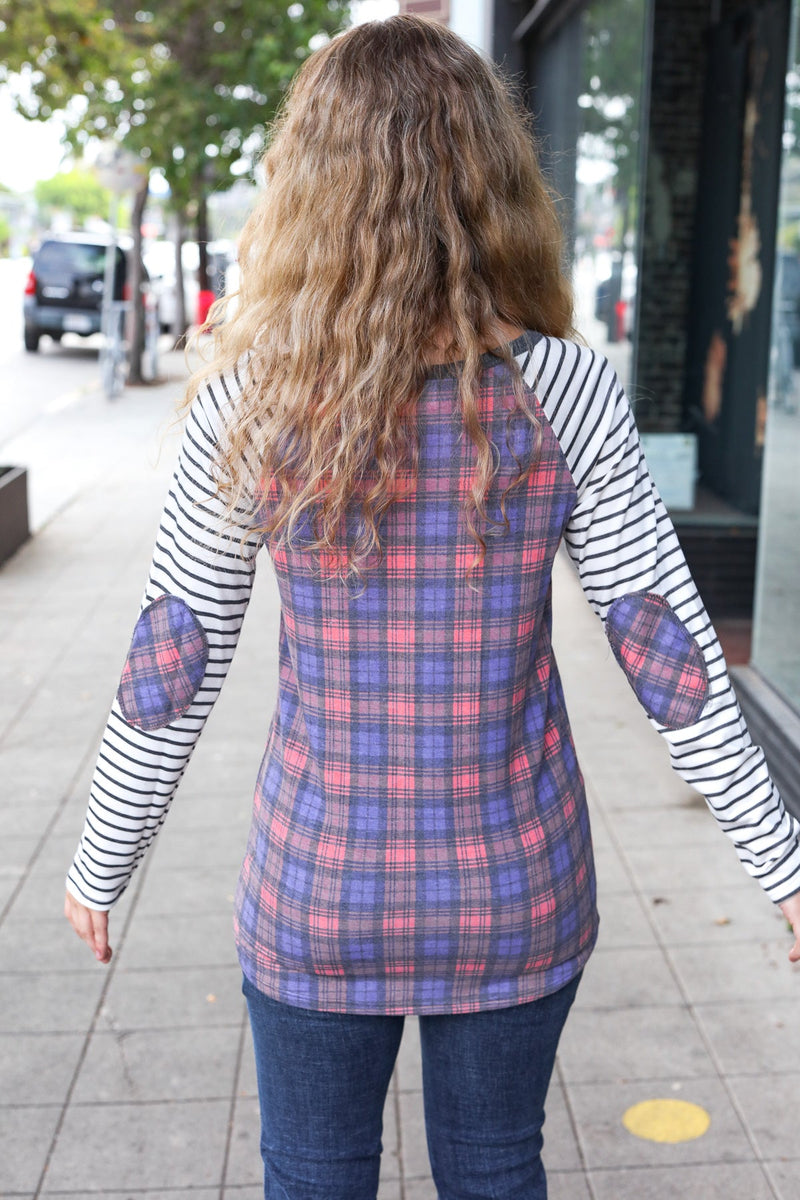 Feeling Playful Plaid/Stripe Outseam Stitch Elbow Patch Pullover