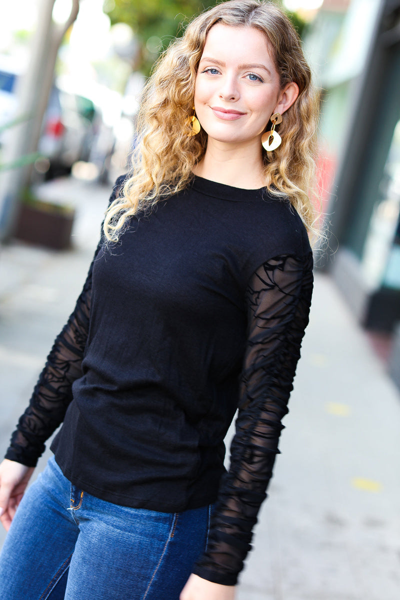 Can't Help But Love Black Shirred Velvet Mesh Blouse