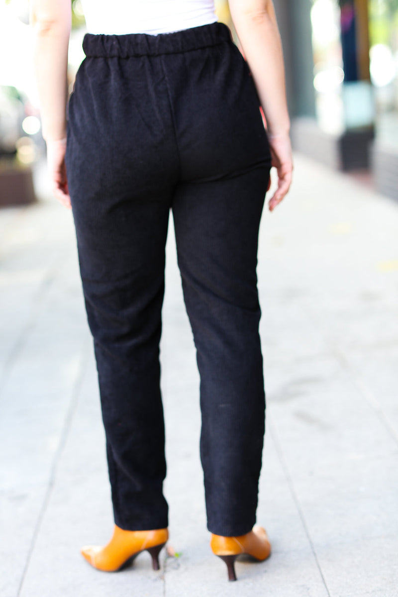 Going Your Way Black Corduroy High Rise Tapered Leg Pants