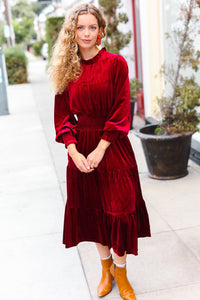 Holiday Dreaming Burgundy Velvet Mock Neck Smocked Waist Dress