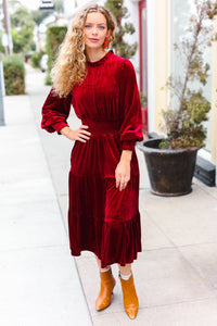 Holiday Dreaming Burgundy Velvet Mock Neck Smocked Waist Dress