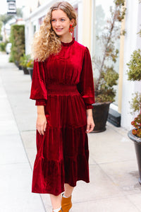 Holiday Dreaming Burgundy Velvet Mock Neck Smocked Waist Dress