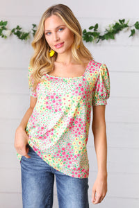 Canary/Mint Floral Square Neck Bubble Sleeve Top