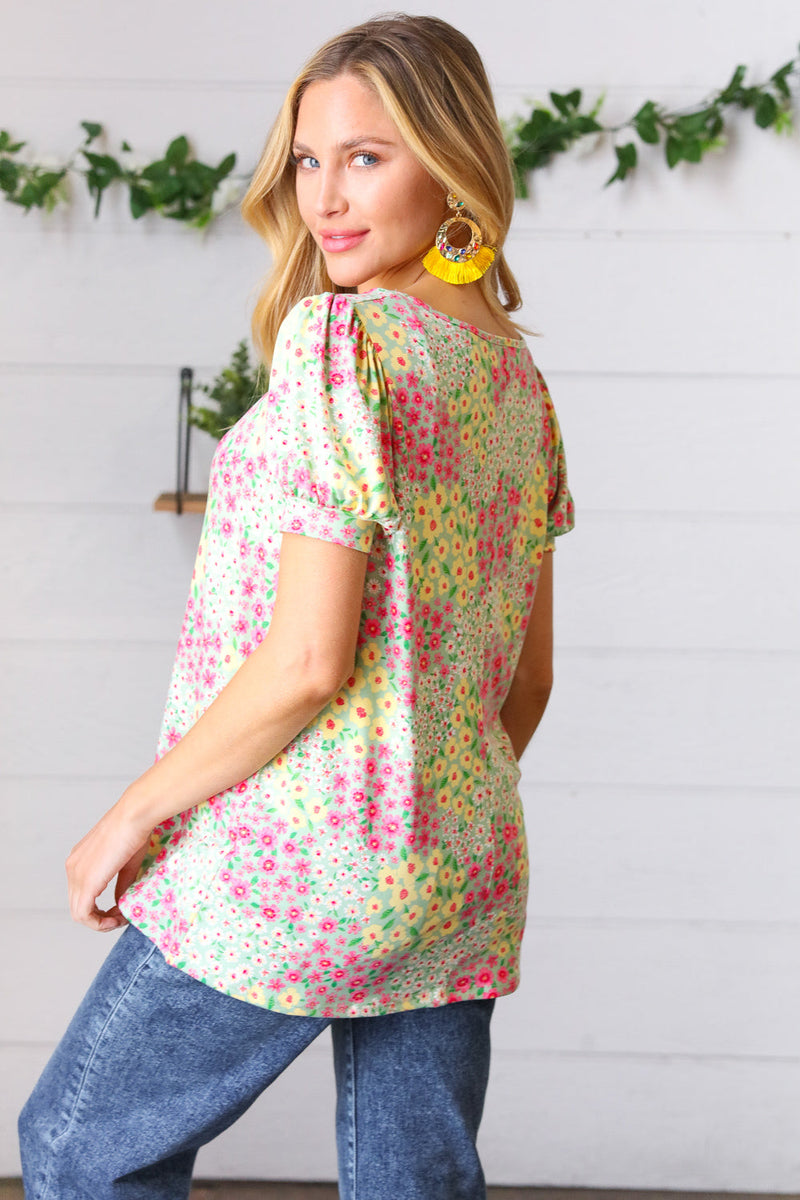 Canary/Mint Floral Square Neck Bubble Sleeve Top