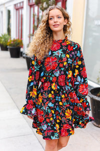 Lock Eyes Black Floral Sequin Print Ruffle Sleeve Frill Mock Neck Dress