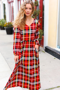 Adorable In Red Plaid Ruffle Detail Fit & Flare Midi Dress