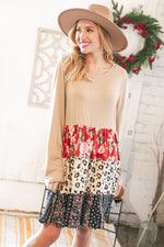 Taupe Floral & Leopard Print Tiered Pocketed Mid Dress